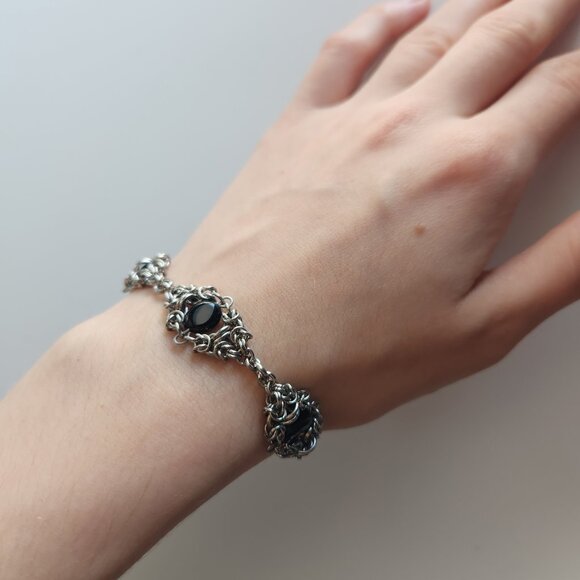Vintage gothic black onyx chain mail bracelet ✦ Victorian Vampire style ✦ - Picture 1 of 12